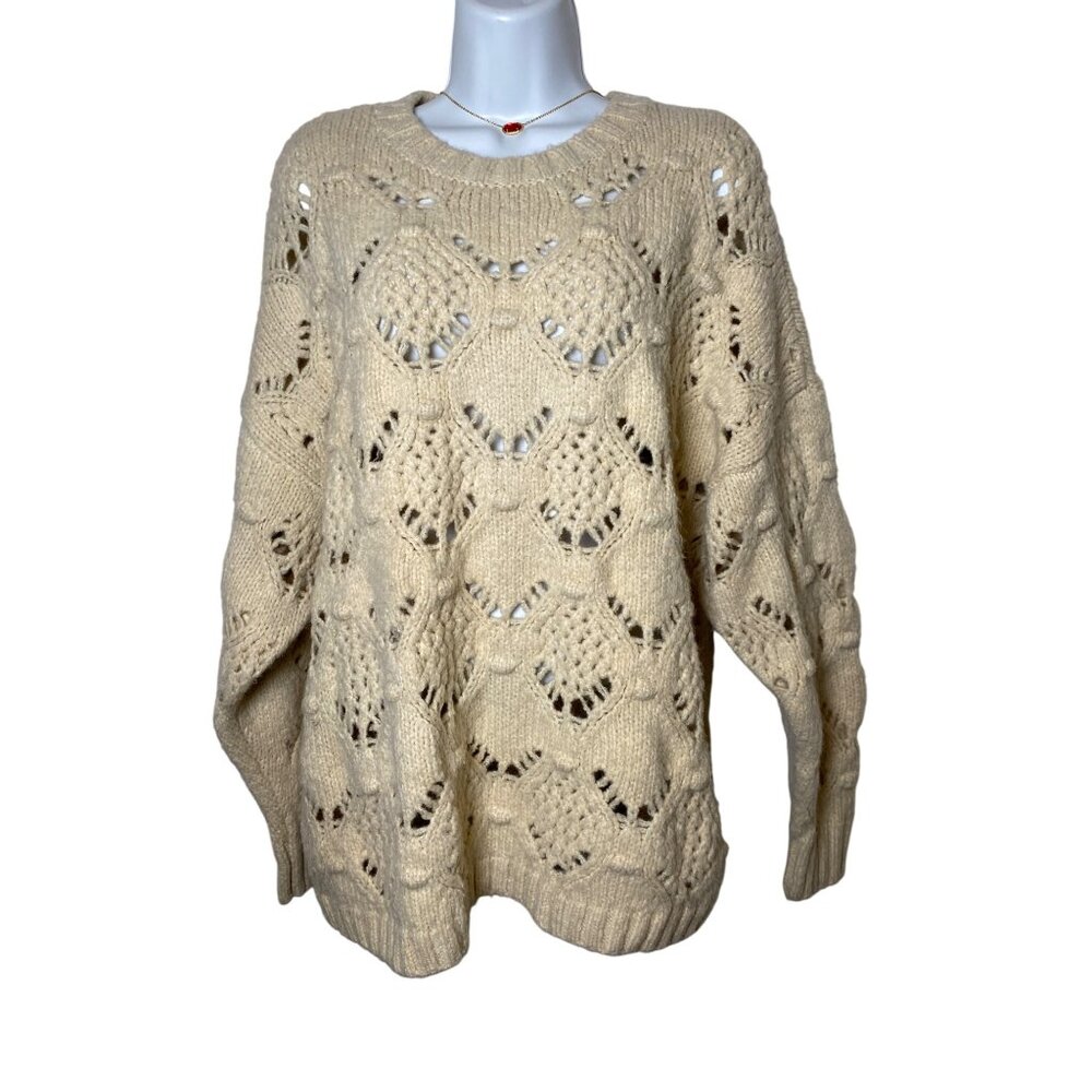 American Eagle Oversized Knit Cream Sweater, L, Crew Neck